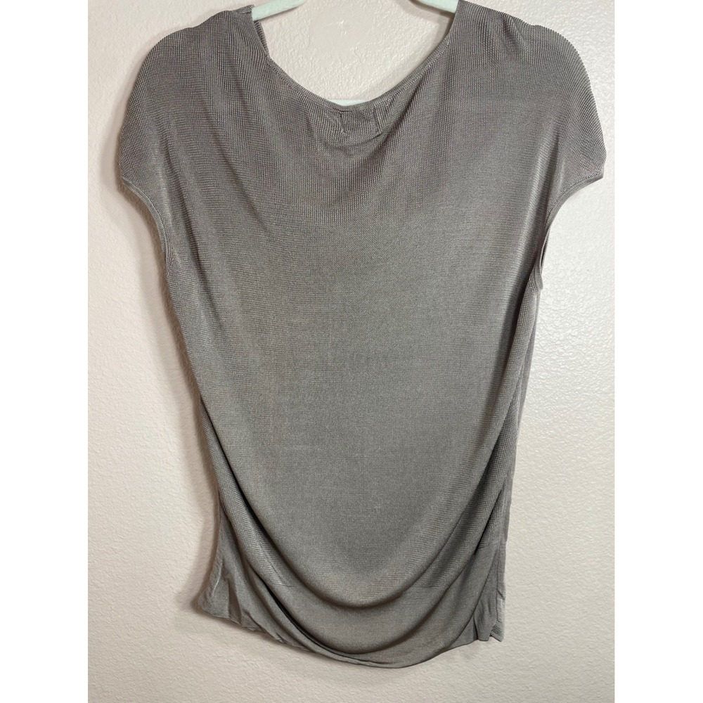 Chico's Size 2 Taupe Metallic Cowl Neck Knit Top Short Sleeve Rayon Blouse - Picture 7 of 9